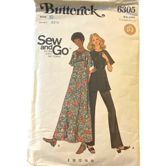 Butterick 6305 Dress Tunic Pant Pattern 10 Miss Hippie 70s Peasant Boho Long - Picture 2 of 6